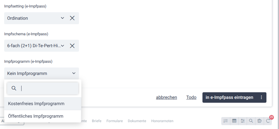 Dropdown „Impfprogramm (e-Impfpass)“ im Impfungs-Formular mit den Optionen „Kostenfreies Impfprogramm“ und „Öffentliches Impfprogramm“